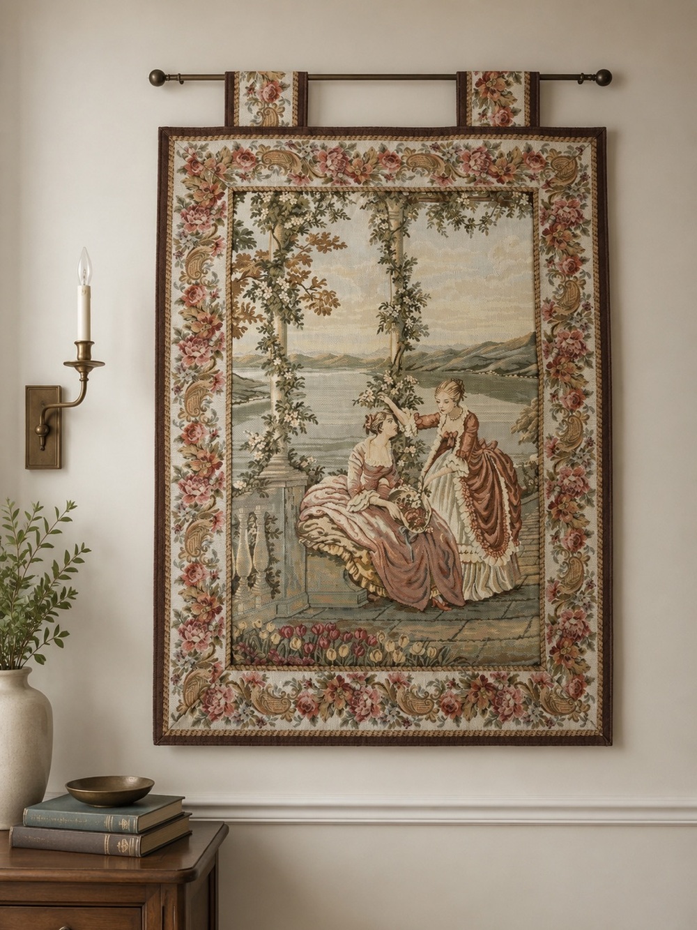 Vintage French Rococo Style Woven Wall Tapestry | Large Romantic Floral Hanging